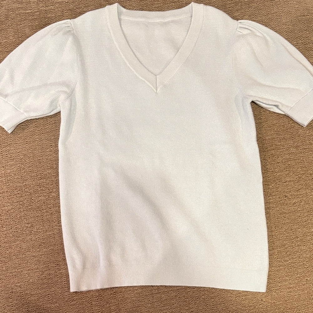 Classic V-Neck Puff Sleeve Sweater - Baby Blue L